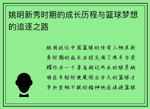 姚明新秀时期的成长历程与篮球梦想的追逐之路